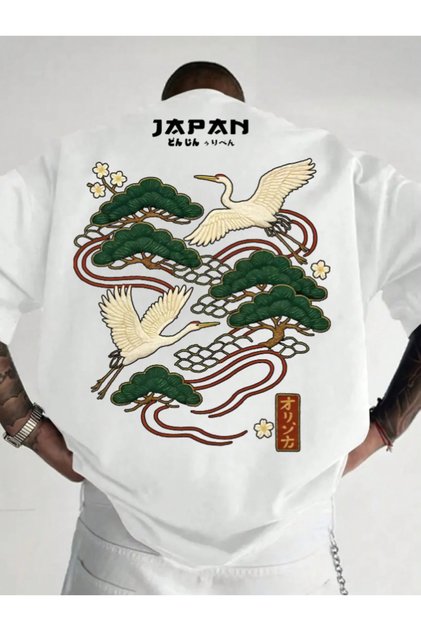 Unisex Kadın/Erkek JAPAN Özel Baskılı Oversize Penye Bisiklet Yaka T-Shirt