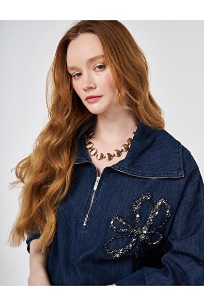 Work Detailed Denim Suit Navy Blue 76002