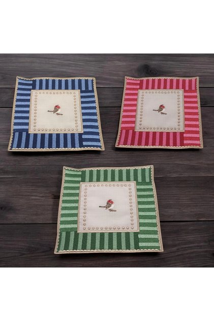 3 Pieces of Square Pip Studio Compatible Cocktail Presentation Napkins in Different Colors with Embroidered Love Bird Detail