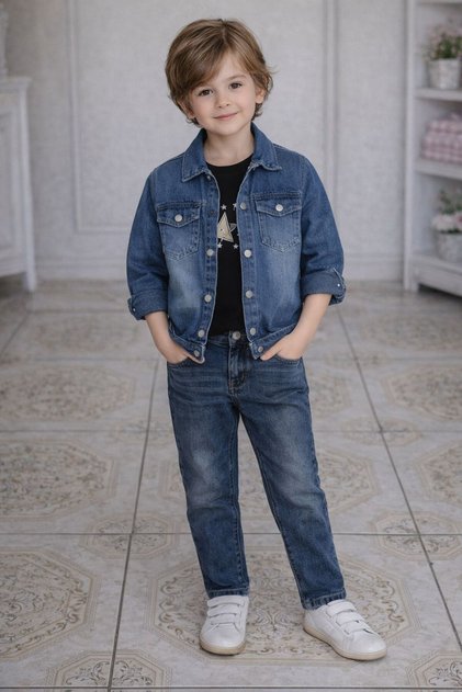 Boy's double pocket button-down 3-piece denim set (denim jacket, t-shirt, pants)