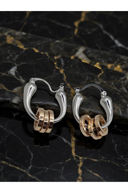Triple Ring Gold Detailed Silver Color Hoop Steel Earrings - Tarnish Resistant