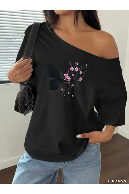 Sakura Flower Printed Oversize Women's Boat Neck T-Shirt