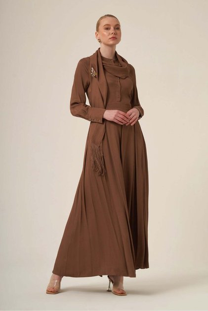 Women's Brooch Detailed Shawl Collar Dress Brown 31337