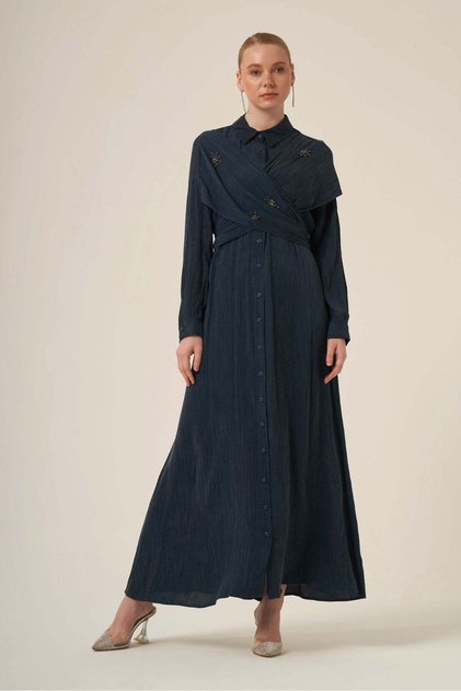 Women's Silk Kupra Stone Dress Navy Blue 31345