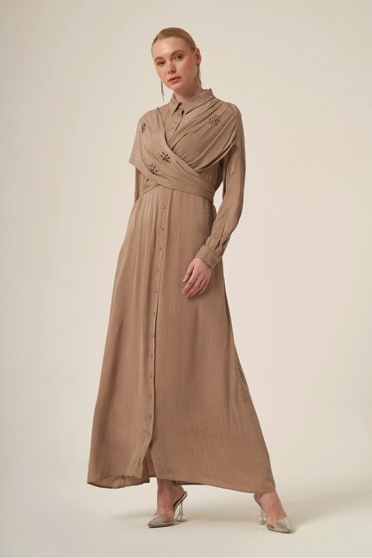 Women's Silk Kupra Stone Dress Beige 31345
