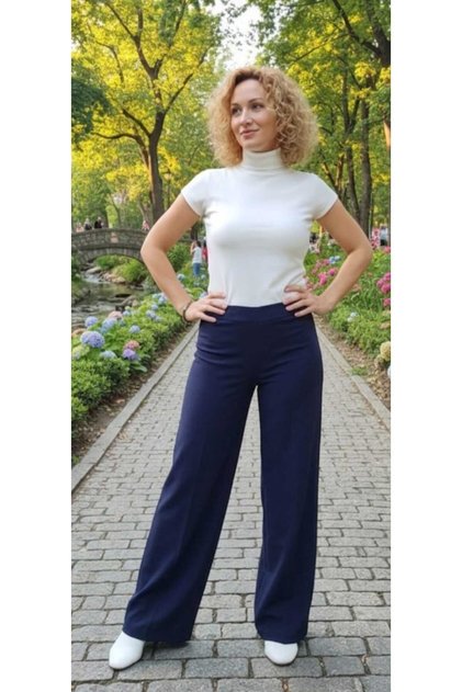 Wide Leg Navy Blue Crepe Palazo Trousers Women's Original Cut Without Details Without Pockets Loose Casual Lycra