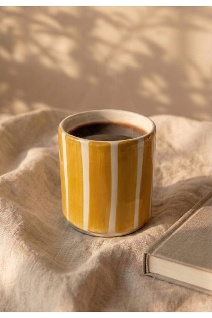 Çizgili Seramik Kupa 220 ml Kulpsuz Kahve Fincanı – Sarı