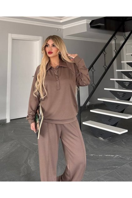 Set bluză sport cu guler polo și nasturi și pantaloni largi