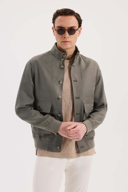 Khaki Comfort Fit 100% Linen Seasonal Stand Collar Coat