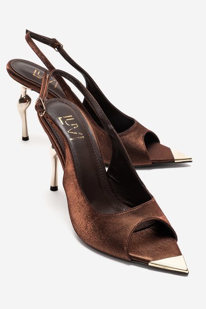 Amore Bronze Satin Metal Detailed Women's Heeled Shoes