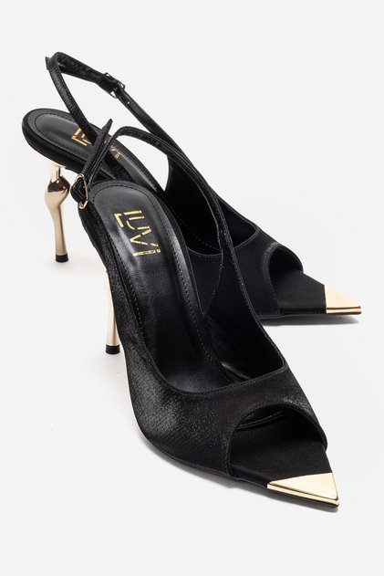 Amore Black Satin Metal Detailed Women's Heeled Shoes