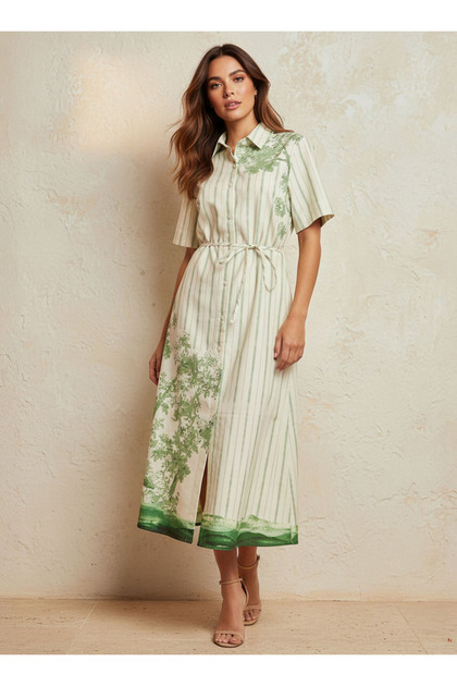 Printed Women Shirt Dress with Tie-Up Belt