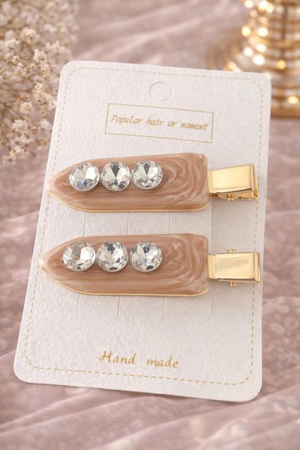 Hei Nude Beige Large Stone Minimal 2-Piece Luxury Hair Clip Set