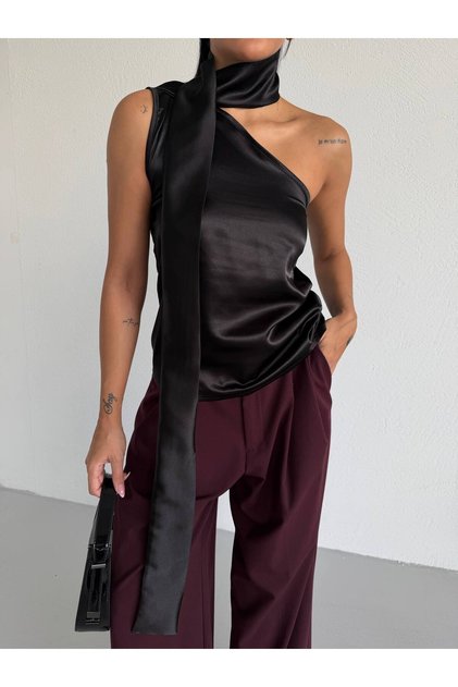 Women's Black Belted One-Shoulder Satin Blouse