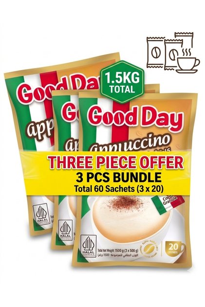 Good Day Cappuccino Coffee, 60 Sachets ( 3 PACK BUNDLE TOTAL 60 Sachets) With Chocolate Granule