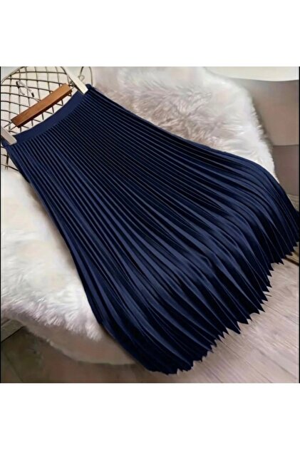 Women's Pleated Skirt Leather Look Hijab Long Navy Blue Skirt