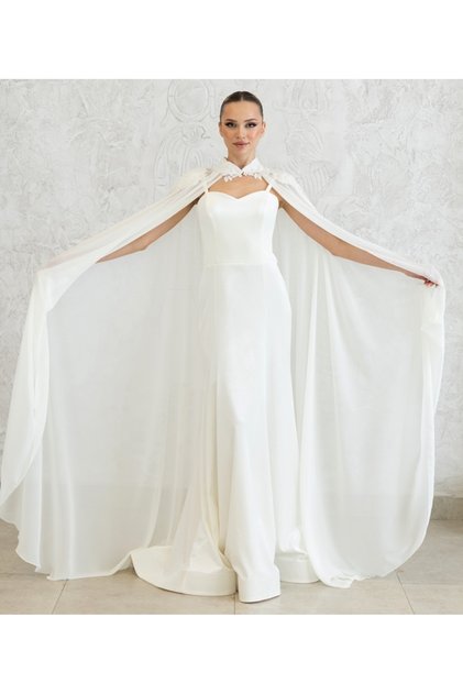 New Generation White Long Dress Chiffon Cape Double Suit-Kaftan-Bindali-Henna Dress-Bride Wedding