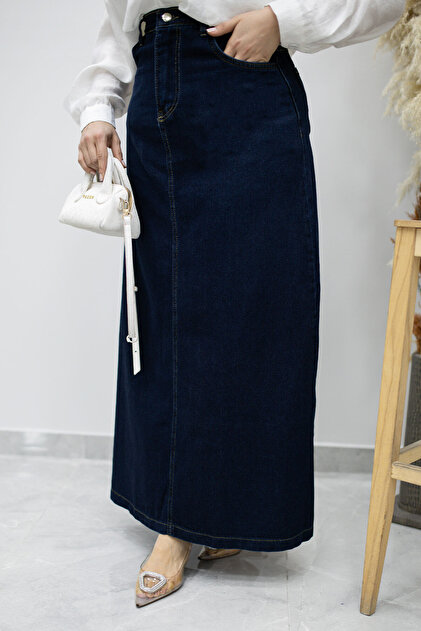 Tesettür Dünyası High Waist Denim Skirt Tsd260120 Dark Blue- Trendyol