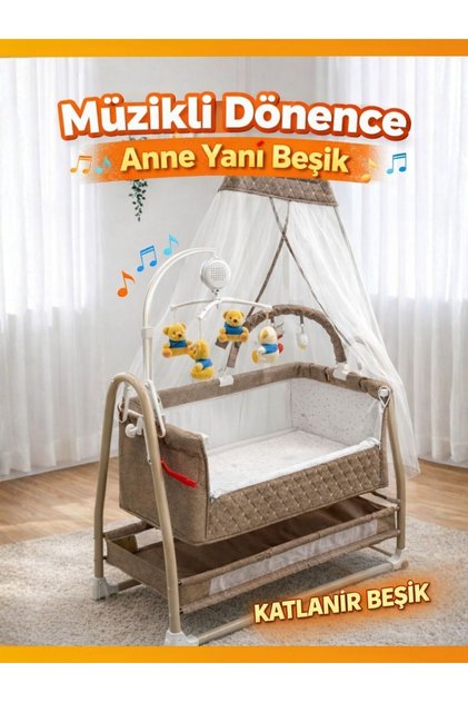 Müzikli Dönenceli Anne Yanı Beşik Katlanır Sallanır Bebek Beşiği Yenidoğan Uyku Beşiği
