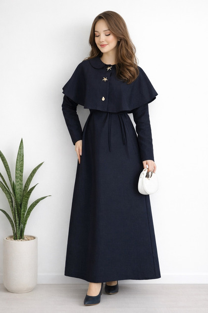 Women's Detachable Cape Detailed Gold Button Dress Sb0013