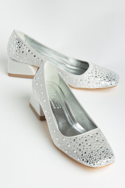 Women's Silver Closed-Back Low-Heeled Stone-Beaded Ballerinas