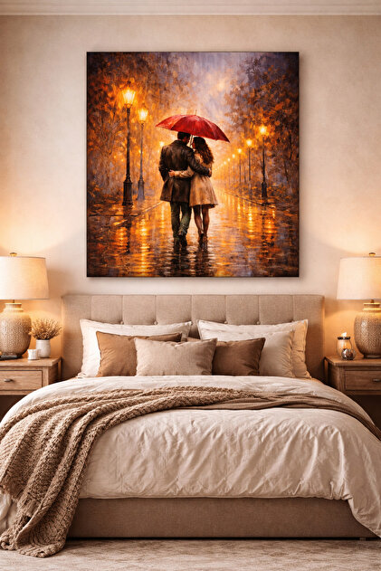Lona Sanat Romantik Yağmurlu Aşk Tablosu – Kırmızı Şemsiye Altında