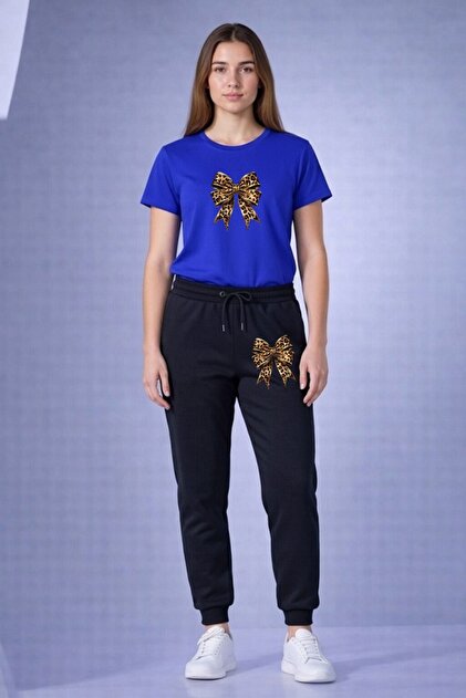 Leopard Patterned Bowknot Printed Tracksuit Set – New Season Comfortable Fit Casual Sports Combination