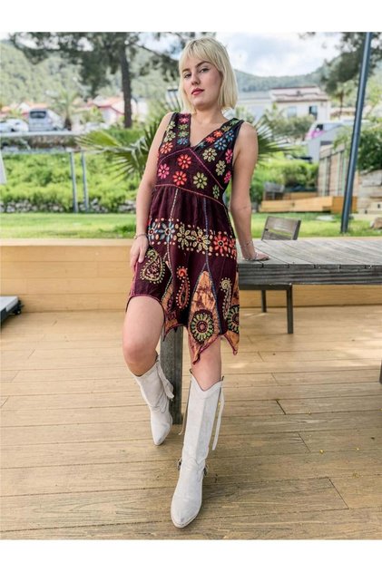 Burgundy Color Embroidered Thick Strap Blue-Yellow Daisy Asymmetrical Cut Dress