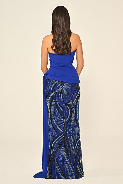 ALFABETA Strapless Top Asymmetrical Cut Crepe Skirt Sequin Long Evening  Dress Alfa Beta- Trendyol