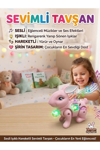 İpli Pilli Işıklı, Müzikli ve Hareketli Sevimli Dans Eden Tavşan Oyuncak Hayvan Figürü