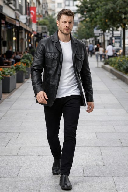 %100 Kuzu Derisi Erkek Deri Mont – 3 Düğmeli Slim Fit Şık Tasarım