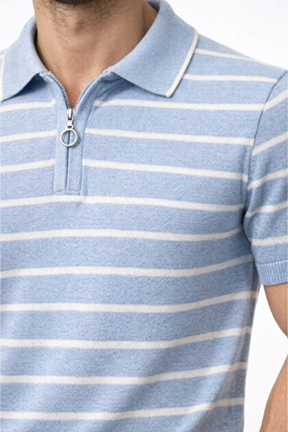 Giyimodam Men's Knitwear Polo Collar Zippered Striped T-Shirt