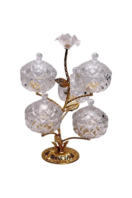 Decorative Crystal Glass Candy Bowl Set with Gold Metal Stand, 4 Bowls with Lids