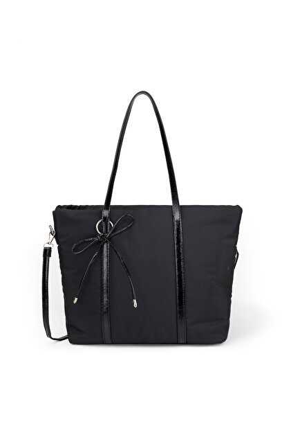 Black Shk319 Shopper Bag with Bow Charm, Zipper Closure, and Lining