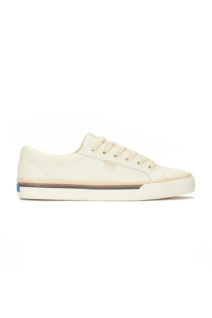 Women's Jump Kick Leather Lace-Up Sneaker – Foxing Stripe, Low-Top Casual Shoe Beige