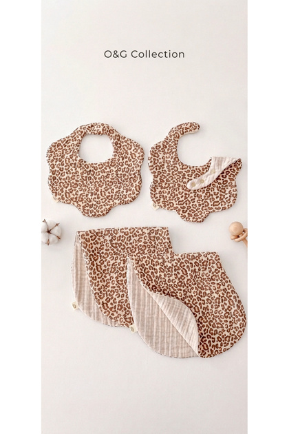 4-Piece Leopard-Beige 100% Cotton 8-Layer Muslin Baby Drool Bib and Shoulder Cover Set/Nickel Free Snap Fasteners