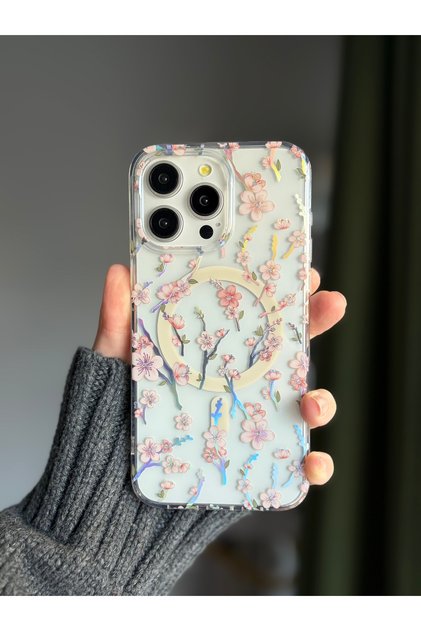 Pink Flower Printed Premium Phone Case with Colorful Hologram and Magsafe, Compatible with iPhone 13