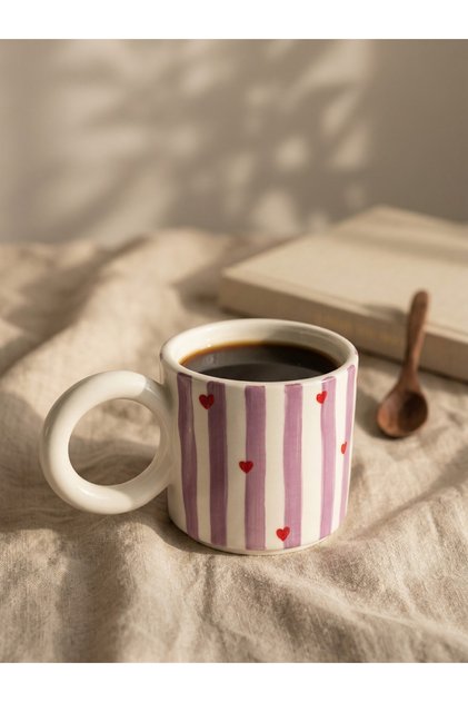 Heart Patterned Striped Ceramic Mug with Handle 240 ml