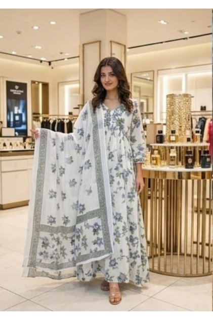 Women Floral Printed with embroidered Alia Cut Anarkali Dress with Dupatta, Premium Mal Mal Cotton