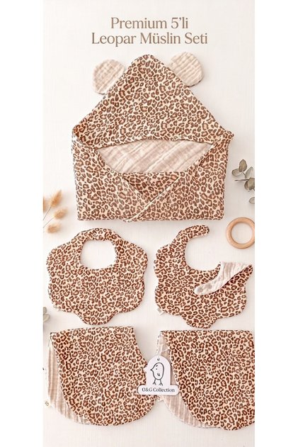 Premium Leopar 5'li Set %100 Pamuklu Multi Müslin Bornoz / 8 Katlı Önlük - Omuz Örtüsü / Nikel Free