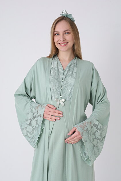 Lohusa Homewear New Season Green Maternity Stylish Lace Detailed Summer  Design Buttoned Full Length Dressing Gown Nightgown Set- Trendyol