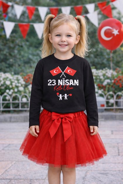 23 April Flag Day Girls' Black Long Sleeve T-Shirt & Red Tutu Skirt Set