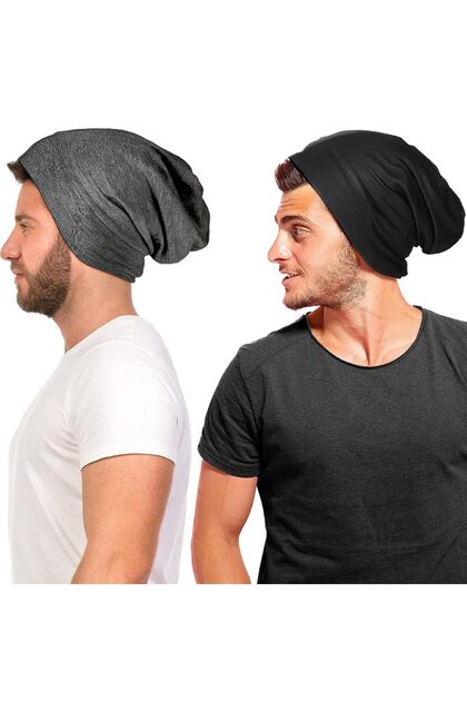 2-Piece Silk Satin Bonnet,Adjustable Elastic Band,Sleeping Cap for Men with Curly Hair,Black,Dark Gr