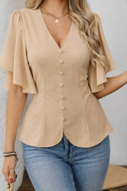 Women's Front Buttoned Short Sleeve Crepe Blouse