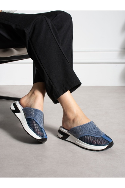Emor Navy Blue Stone Detailed Women's Slippers