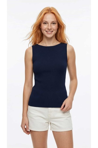 Navy Blue Corduroy Sleeveless Blouse Women's Summer Casual Stylish Athlete Model