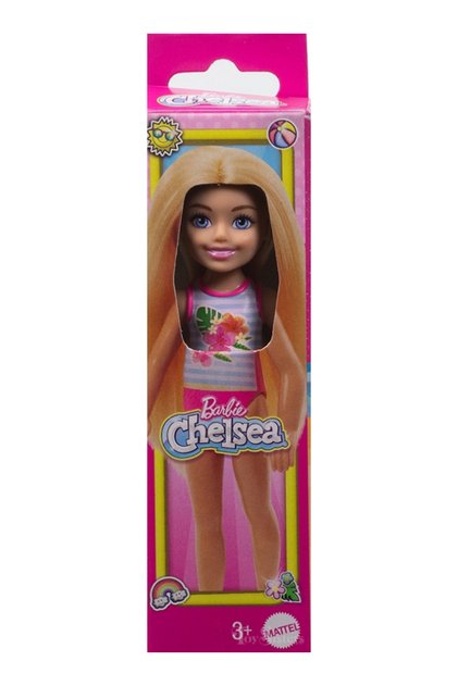 Păpușa Barbie Club Chelsea Beach cu costum de baie cu flori (HTK25)