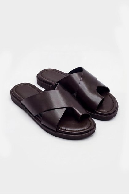 Cross-Strapped Leather Brown Slippers