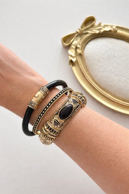 Xuping Antik Gold Etnik Kelepçe Taşlı Bohem Bilezik Seti-Çelik Antialerjik VIP Vintage Bileklik Set