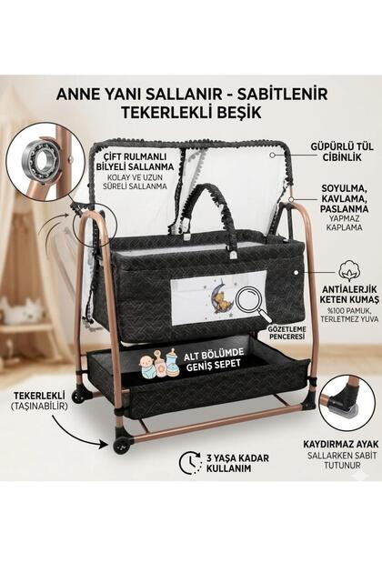Anne Yanı Sallanır Sabitlenir Tekerlekli Geniş Sepetli Beşik